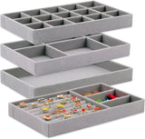 4 Pack Velvet Jewelry Organizer Trays, Stackable Drawer Inserts for Rings Earrings Necklaces, Gray V1188-MS-721-055