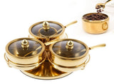 Stainless Steel Sugar Bowl Set, Rotatable 3 Flavour Seasoning Jar with Visible Glass Lid and Spoon, V1107-122-72757