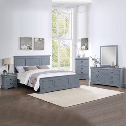 5 Pieces Bedroom Suite in Solid Wood & MDF King Size Grey Colour Bed, Bedside Table, Dresser & V43-BDS-SPNC-5PC-TBY-DRS-K