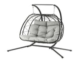 Gardeon Outdoor Swing Chair 2 Seater with Stand Cushion Rattan Patio Furniture HM-EGG-FOLD-D-GREY