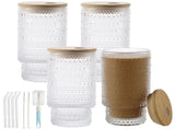 4PCS Glass Cups Lids and Straws, 11 oz Vintage Polka Dot Beaded Glassware, Iced Coffee Tumbler V1192-AZ-W-18377