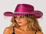 Rose Red Rhinestone Fringe Cowboy Hat - Sparkling Western Party Hat with Round Gemstone Band and V888-ELOSUNG57115-4