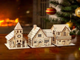 Christmas Light Up Wooden Houses - 3pcs Unfinished Wooden Village with LED Lights, Mini House V1366-AZ2-W-16618