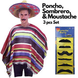 3pc Set Mens Mexican Poncho Sombrero Moustache Spanish Cowboy Costume Party V563-MEXICANCOSTUMESET