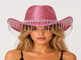 Pink Rhinestone Fringe Cowboy Hat - Sparkling Western Party Hat with Round Gemstone Band and Crystal V888-ELOSUNG57115-3