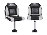 Seamanship 2X Folding Boat Seats with 2X Adjustable Pedestals 5575cm Marine Seat Swivel High Back BS-86522-BK-5575X2