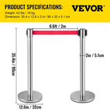Crowd Control Stanchion, Set of 6 Pieces Stanchion Set, Stanchion Set with 2 m Red Retractable Belt, V952-GLZYSHDJTZGX6WOY8V0