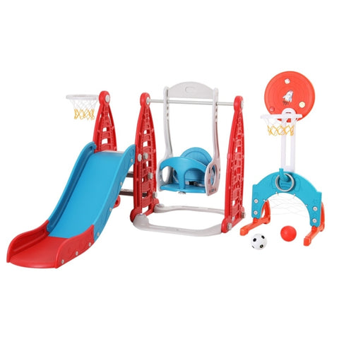 Keezi Kids Slide Swing Set Basketball Hoop Rings Football Outdoor Toys 140cm Red KPS-SLIDE-SWING-6IN1-RD