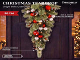 Christabelle 90cm Jingle Bells Christmas Teardrop Wreath Pre Lit Warm White LED Baubles Berries 112_SENJB90T