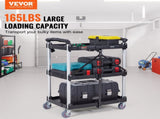 Foldable Utility Service Cart, 3 Shelf 165LBS Heavy Duty Plastic Rolling Cart with Lockable Wheels, V952-SXSYTCSXCDPM3XOD4V0