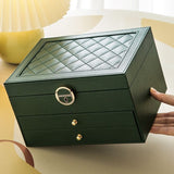 Dark Green Large Lockable Jewellery Box with 3 Drawers PU Leather Jewellery Organiser Case for Rings V888-ELOSUNG54210