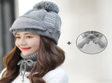 Women Winter Hat Set of 4 , Winter Beanie with Buttons Scarf Facial Cover and Touch Screen Gloves V1369-AZ3-W-12413