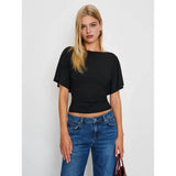 Women'S Wrap Tops Casual Short Sleeve Tie Back Cinched Waist T Shirts Trendy Boat Neck Blouse V1366-AZ2-W-14413