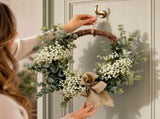 Spring Wood Front Door Wreath, 45 x 3 cm with Flowers, Greenery and Ornaments, Reusable Hanging V1366-AZ2-W-16038