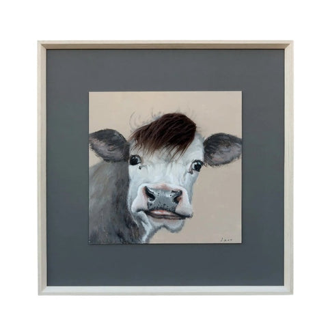Curious Cow w Artificial Hair Framed Canvas Wall Art 60cm V637-95205COW