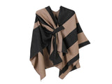 Textured Faux Cashmere Poncho, Distinct Vertical Striped Contrast Trim, Black Camel V1221-XM-LB2147-ZS57