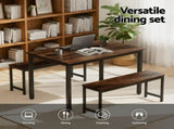 Artiss Dining Table and Chairs Set 3PCS Kitchen Metal Desk Bench Dark Walnut MO-DIN-SET-01-BKBR-AB
