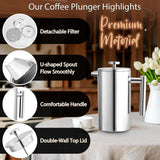 304 Stainless Steel French Press Coffee Maker, Household Hand-Brew Coffee Pot, Tea Filter Pot800 mL V1265-AU-492-800ML