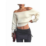 Women Off Shoulder Long Sleeve Pullover Sweater Top Trendy Boat Neck Soft Ribbed Knit Crop Sweater S V1366-AZ2-W-14627