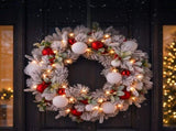 Christabelle 76cm Snowy Elegance Christmas Wreath Pre Lit Warm White LED Red Baubles Berries Fr 112_SENSE76
