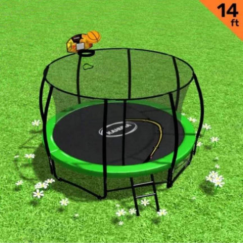 Kahuna Trampoline 14 ft with Basketball Set - Green TRA-KAH-14-GN-BB