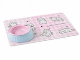 Pet Feeding Set - 15 Degree Tilted Ceramic Pink Bowl and Pink Non-Slip PVC Mat, Detachable Design, V888-ELOSUNG56040