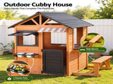 Keezi Kids Pretend Kitchen Wooden Cubby House Outdoor Playhouse Side Bench PLAY-WOOD-HOUSE-LW-AB