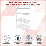 Modular Wire Storage Shelf 900 x 450 x 1800mm Steel Shelving V63-841421