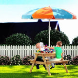 Keezi Kids Outdoor Table and Chairs Picnic Bench Umbrella Set Water Sand Pit Box ODF-B-KID-PICNIC-UM-NAT