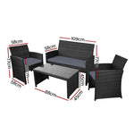 Gardeon 4 PCS Outdoor Sofa Set with Storage Cover Rattan Chair Furniture Black ODF-RATTAN-4PC-AB-BK-COVER