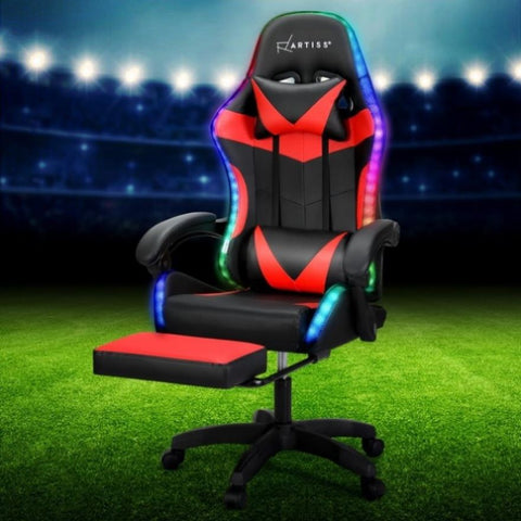 Artiss 6 Point Massage Gaming Office Chair 7 LED Footrest Red MOC-GC-6P-LED-BK-RD