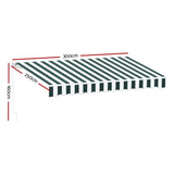 Instahut Retractable Folding Arm Awning Manual Sunshade 3Mx2.5M Green White AWN-B-ARM-30X25-GNWH