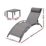 Gardeon 3PC Sun Lounge Outdoor Lounger Steel Table Chairs Patio Furniture Grey FF-LOUNGE-SL-3PCS-GE