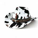 White Cow Print Western Cowboy Hat - Retro Cattle Head Studded Band, 57cm Head Fit, Wide Brim V888-ELOSUNG57120-1