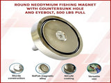 Round Neodymium Fishing Magnet with Countersunk Hole and Eyebolt, 500 LBS pull V63-821733