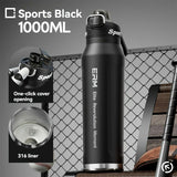 Black insulated water sports bottle 1000ml, 316 stainless steel one-click water V1102-754-92908