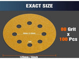 100 Pack Sanding Discs Grit 80 Sandpaper for Eccentric Sander, 125mm 5in V1237-ZY-522-0100