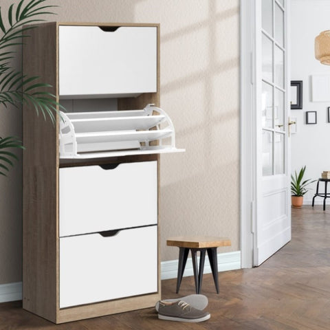 Artiss Shoe Rack Cabinet 60 Pairs 4-tier White Elen FURNI-G-SHOE-4D3R-WD-WH-AB