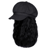 A newsboy hat with wavy curly hair extensions, suitable for women wearing hats with synthetic wigs V1366-AZ2-W-13411