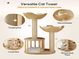 Large Cat Scratching Post Tree Tower with Baskets and Cubby Cave in Natural Wood & White, 60x40x99cm V178-59360