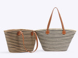 Black And White Stripes Handmade Large Capacity Striped Beach Tote Bag with Zipper and Inner Pocket V888-ELOSUNG13947