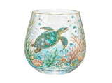Hand Painted Sea Turtle Stemless Wine Glass, Gold Rim Underwater Marine Decor Tumbler Cup for Water V1369-AZ3-W-14742