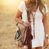 Bohemian Style Canvas Hobo Bag with Tassels & Geometric Print - Large Capacity Shoulder Bag V888-ELOSUNG29790