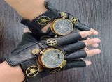 Steampunk Compass Half - Finger Gloves Pure Sheepskin with Gear Decor, Retro Mechanical Style, V1232-PKST001