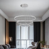 BAMDECOR A18801 Modern LED Chandelier, Dimmable Pendant Light with Remote Control Rings Round V255-BAM-188013-SILVER