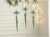 Green Glitter Icicle Christmas Ornaments with Star Tops - Set of 3 Hanging Decorations5 set in V888-ELOSUNG10508