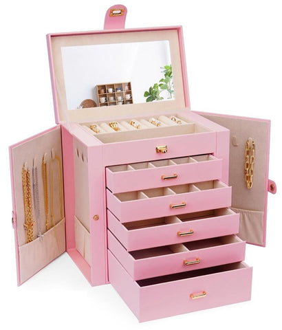 CARLA HOME 6-Layer Large Jewelry Box for Women with Drawers, Mirror, Lock, Necklace Hooks & Side LSB-36227