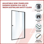 Adjustable Semi Frameless Shower Screen x 195cm Australian Safety Glass V63-824511