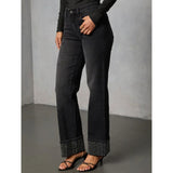 Women'S High Waisted Straight Leg Jeans Rhinestone Sparkle Stretch Trendy Streetwear Jeans Blue L V1366-AZ2-W-14455