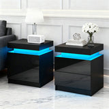 Artiss 2X Bedside Table LED 2 Drawers Lift-up Storage - COLEY Black FURNI-O-LED-BS-01-BKX2